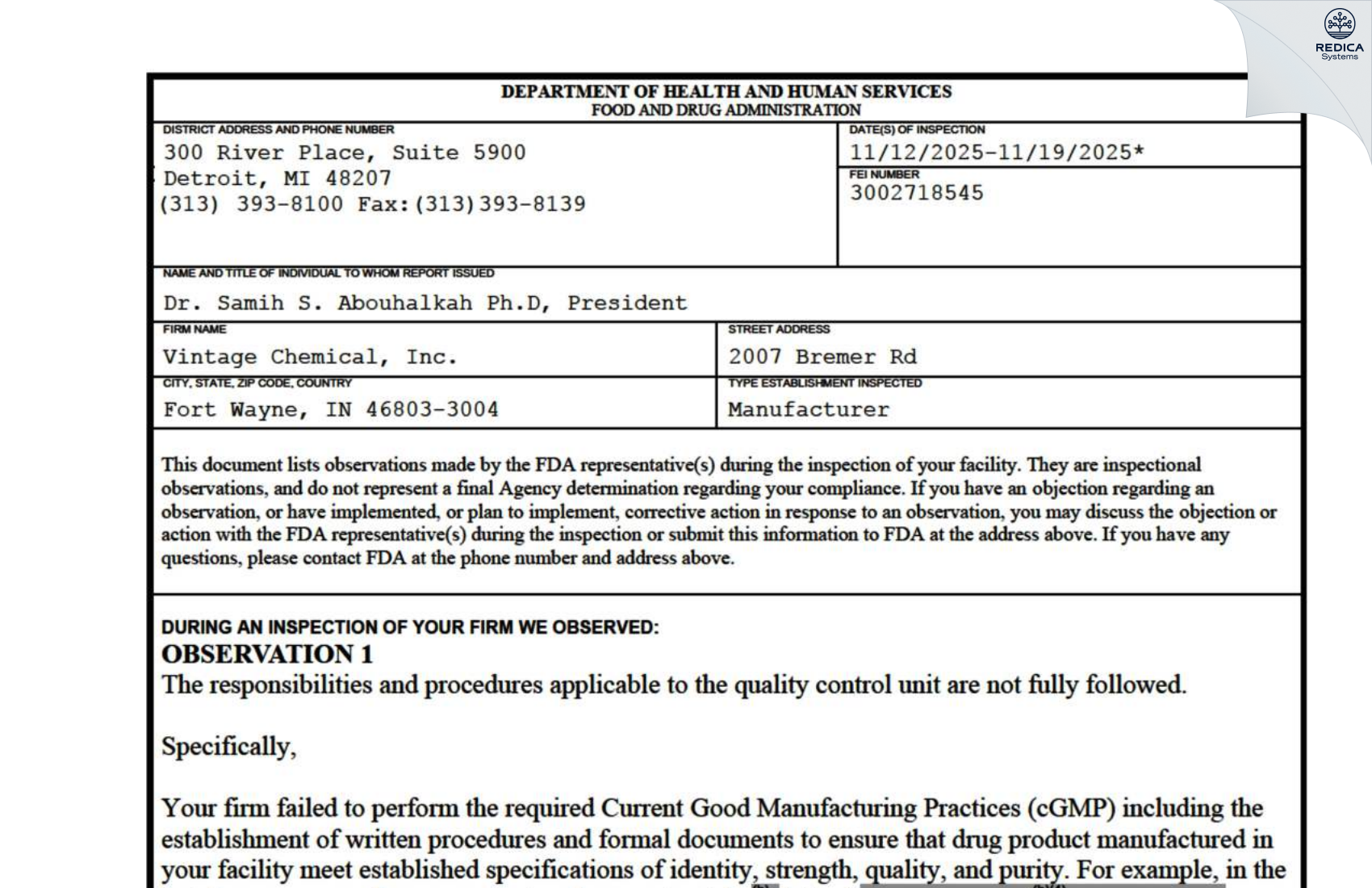 FDA 483 - Vintage Chemical Inc [Fort Wayne / United States of America] - Download PDF - Redica Systems