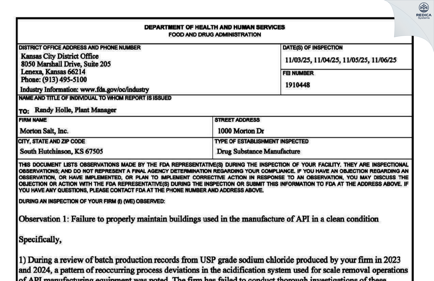 FDA 483 - Morton Salt, Inc. [South Hutchinson / United States of America] - Download PDF - Redica Systems