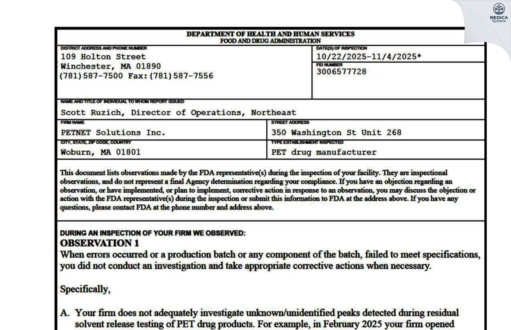 FDA 483 - PETNET SOLUTIONS, INC. [Woburn / United States of America] - Download PDF - Redica Systems