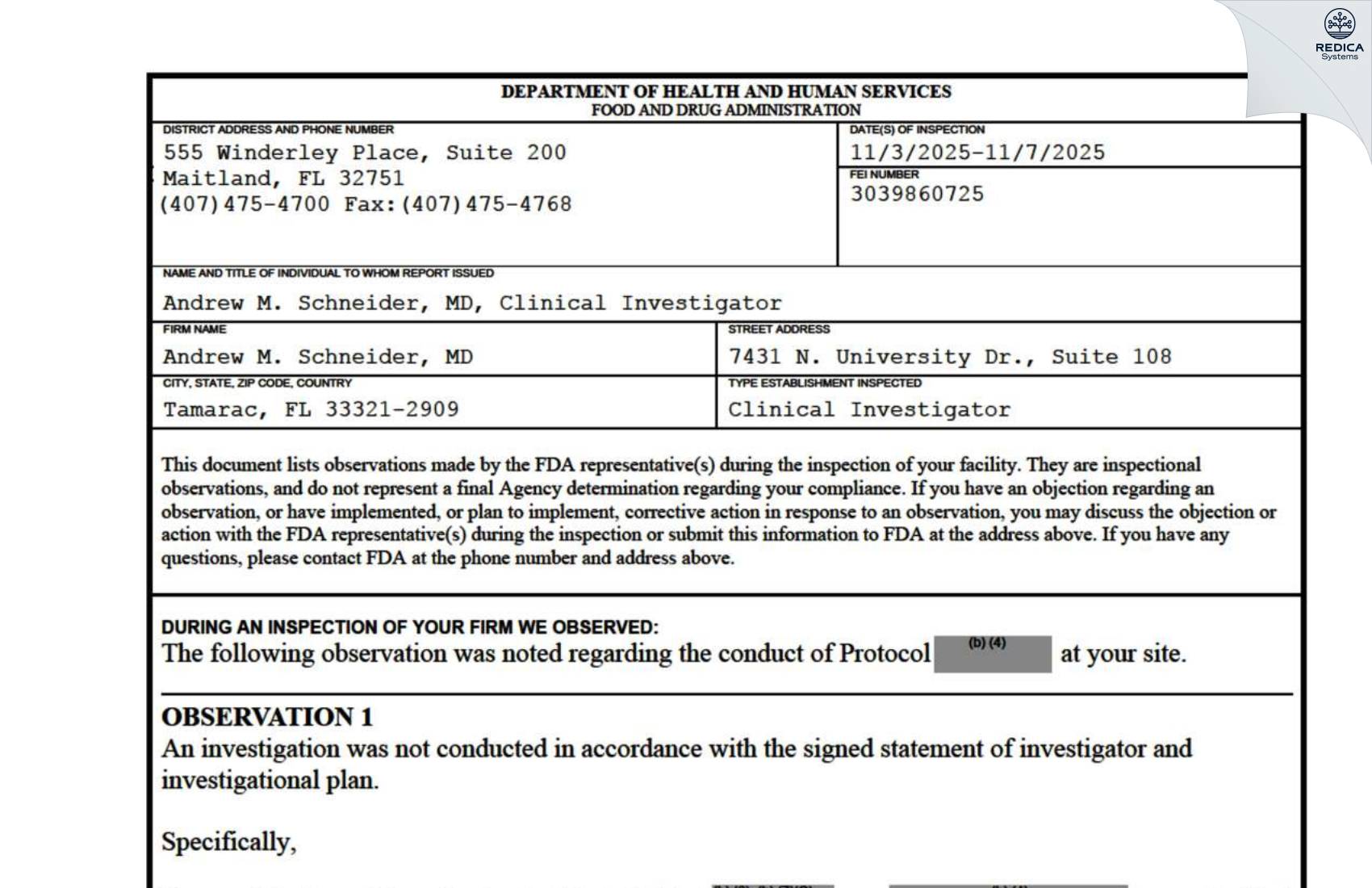 FDA 483 - Andrew M. Schneider, MD [Tamarac / United States of America] - Download PDF - Redica Systems