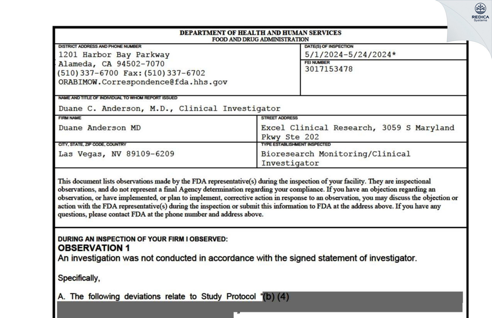 FDA 483 - Duane C. Anderson M.D. [Las Vegas / United States of America] - Download PDF - Redica Systems