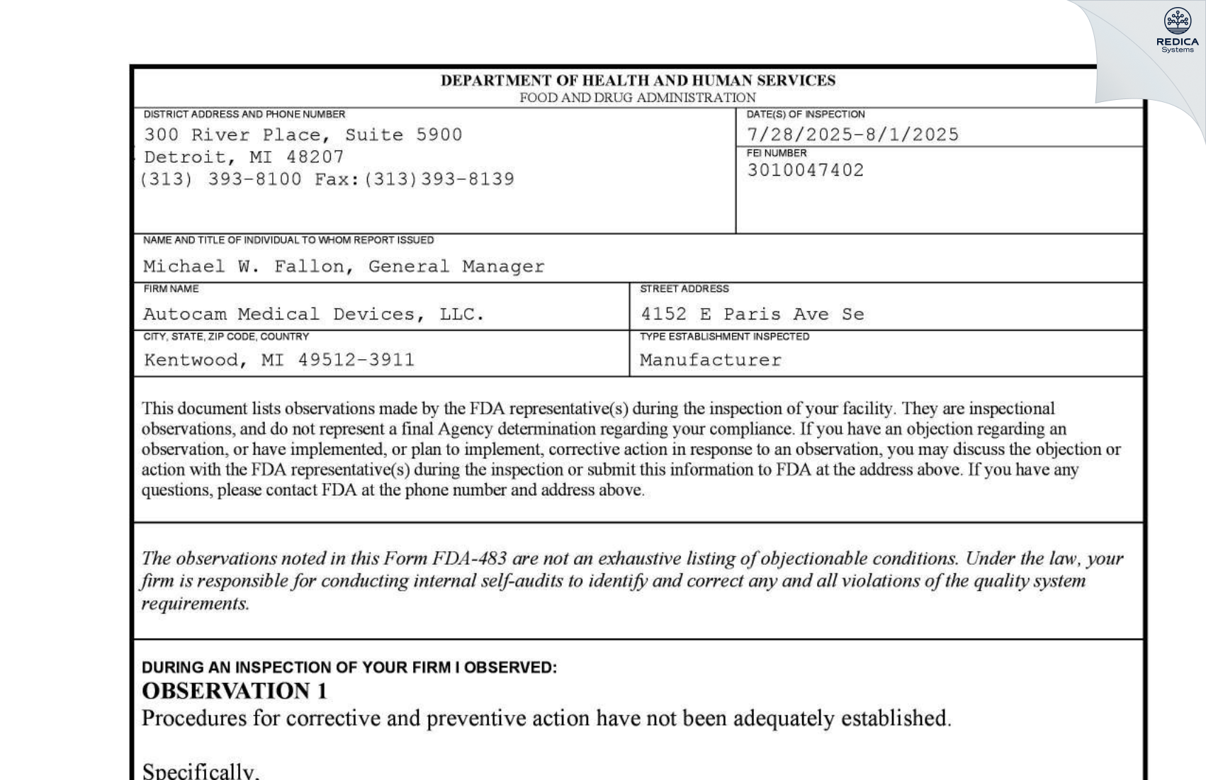 FDA 483 - AUTOCAM MEDICAL [Grand Rapids / United States of America] - Download PDF - Redica Systems
