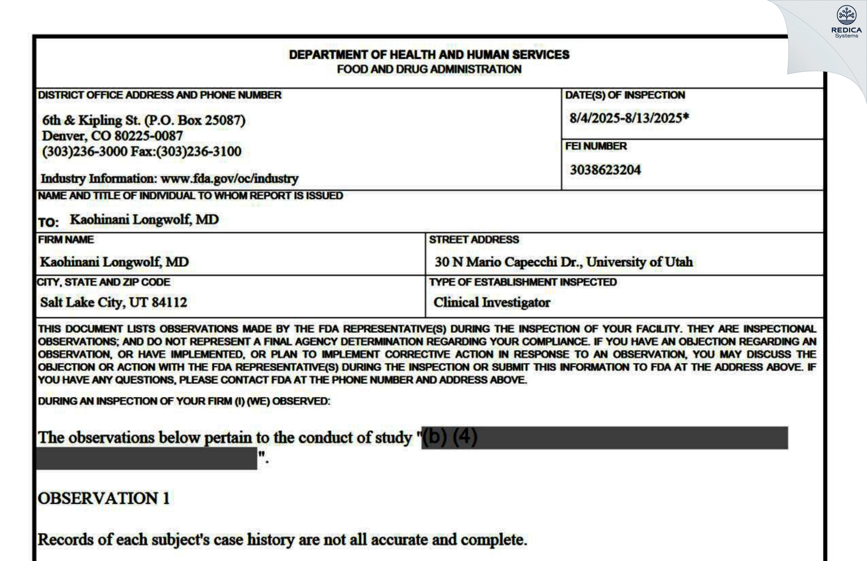 FDA 483 - Kaohinani Longwolf, MD [Salt Lake City / United States of America] - Download PDF - Redica Systems