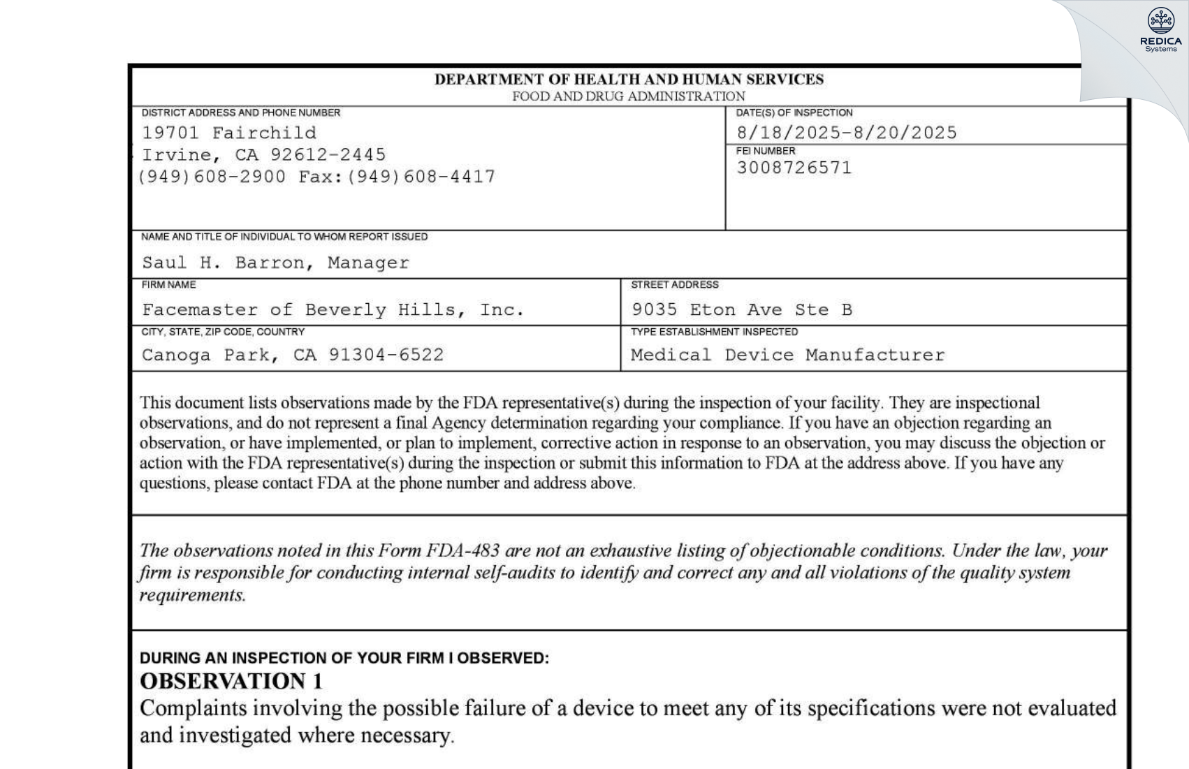 FDA 483 - Facemaster of Beverly Hills, Inc. [Canoga Park / United States of America] - Download PDF - Redica Systems