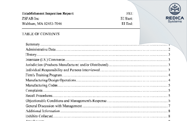 EIR - ZSFAB INC [Waltham / United States of America] - Download PDF - Redica Systems