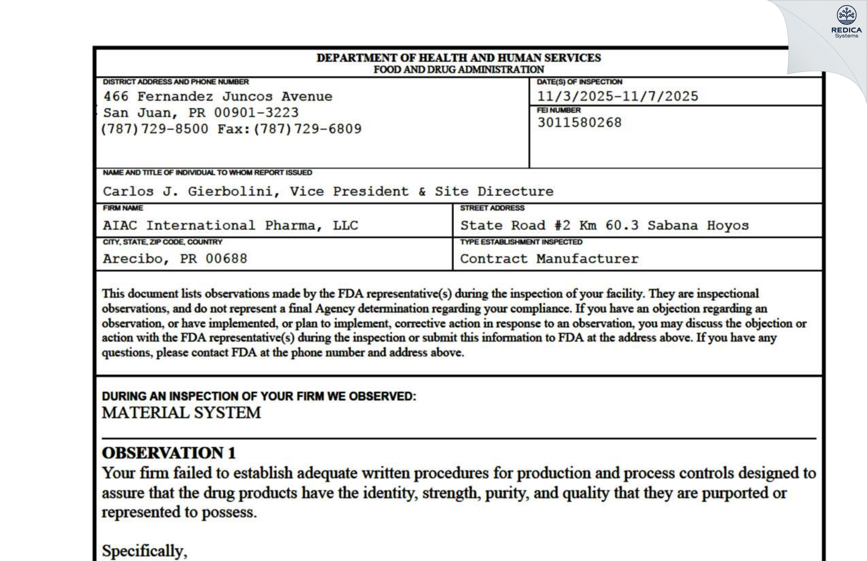 FDA 483 - AIAC International Pharma, LLC. [Sabana Hoyos / Puerto Rico] - Download PDF - Redica Systems