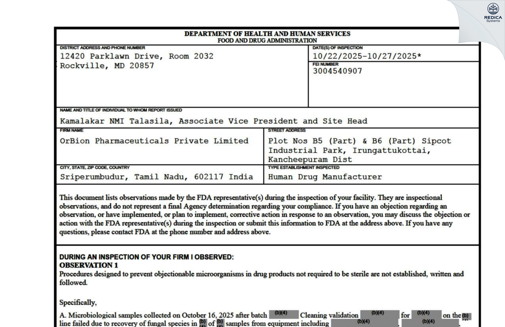 FDA 483 - OrBion Pharmaceuticals Private Limited [Sriperumbudur / India] - Download PDF - Redica Systems