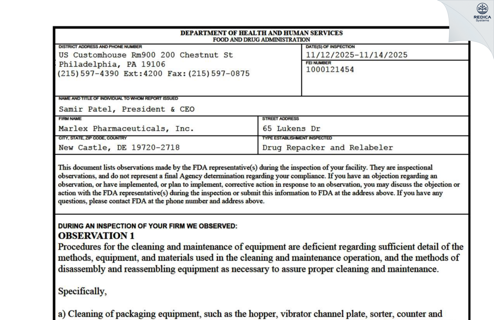 FDA 483 - Marlex Pharmaceuticals, Inc. [Historic New Castle / United States of America] - Download PDF - Redica Systems