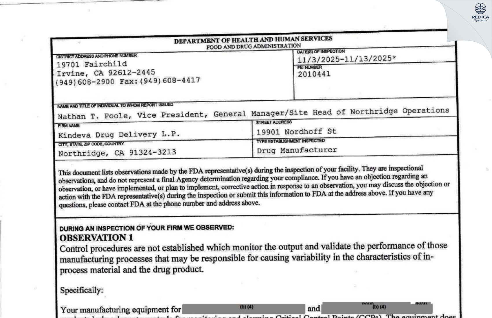 FDA 483 - Kindeva Drug Delivery L.P. [Northridge / United States of America] - Download PDF - Redica Systems