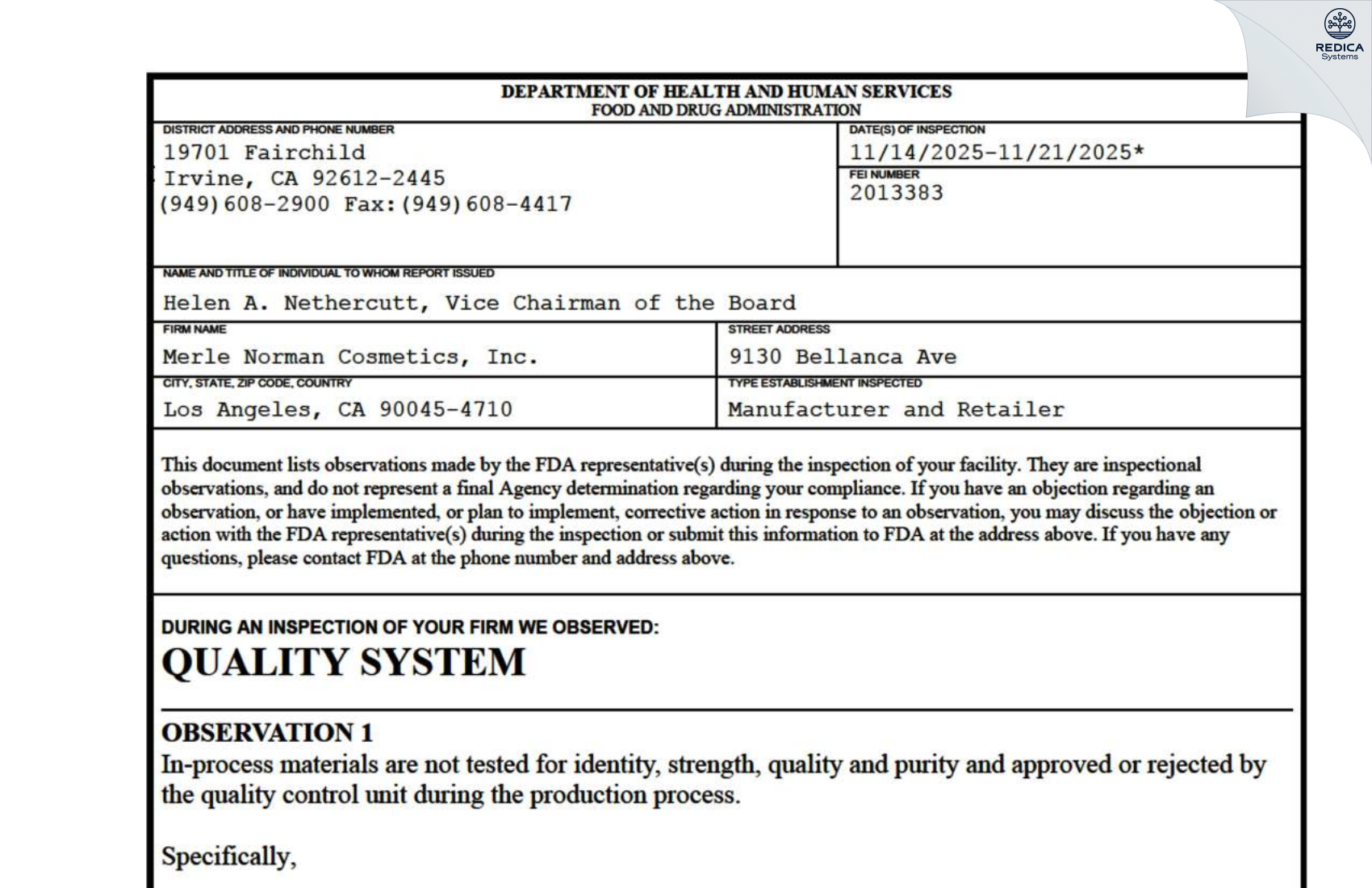 FDA 483 - Merle Norman Cosmetics [Los Angeles / United States of America] - Download PDF - Redica Systems