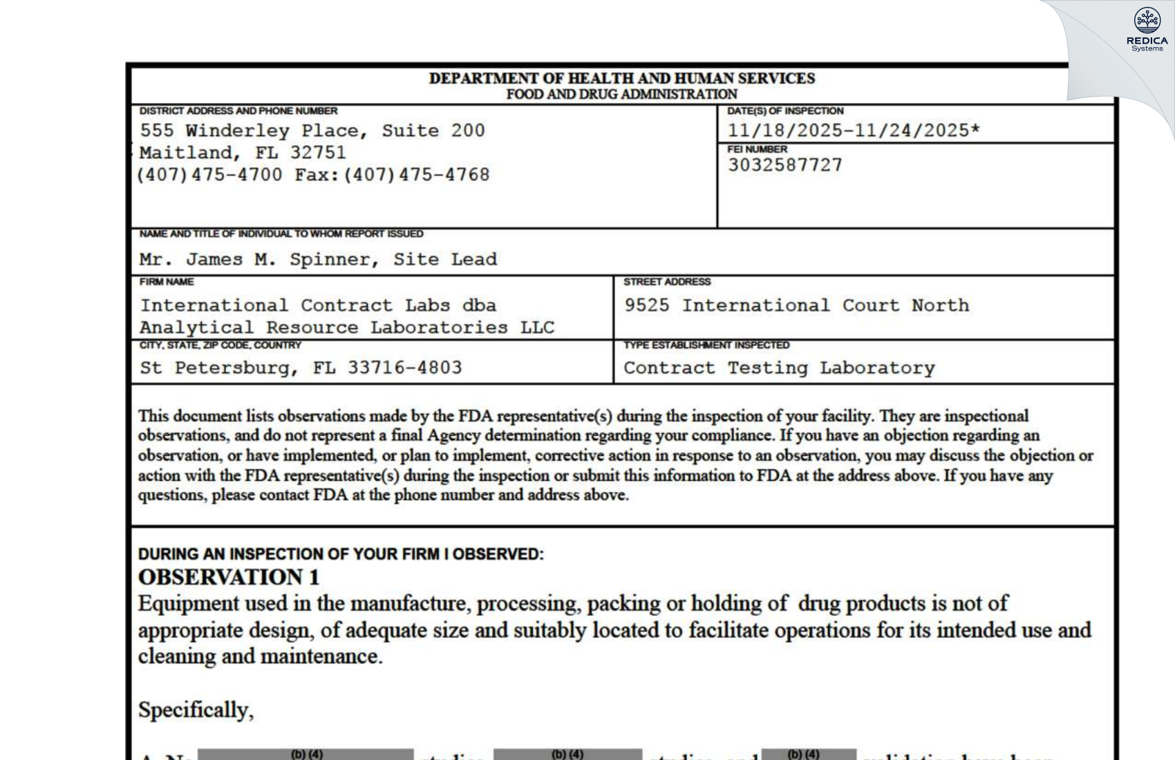 FDA 483 - International Contract Labs DBA Analytical Resource Laboratories LLC (St. Petersburg, FL) [Saint Petersburg / United States of America] - Download PDF - Redica Systems