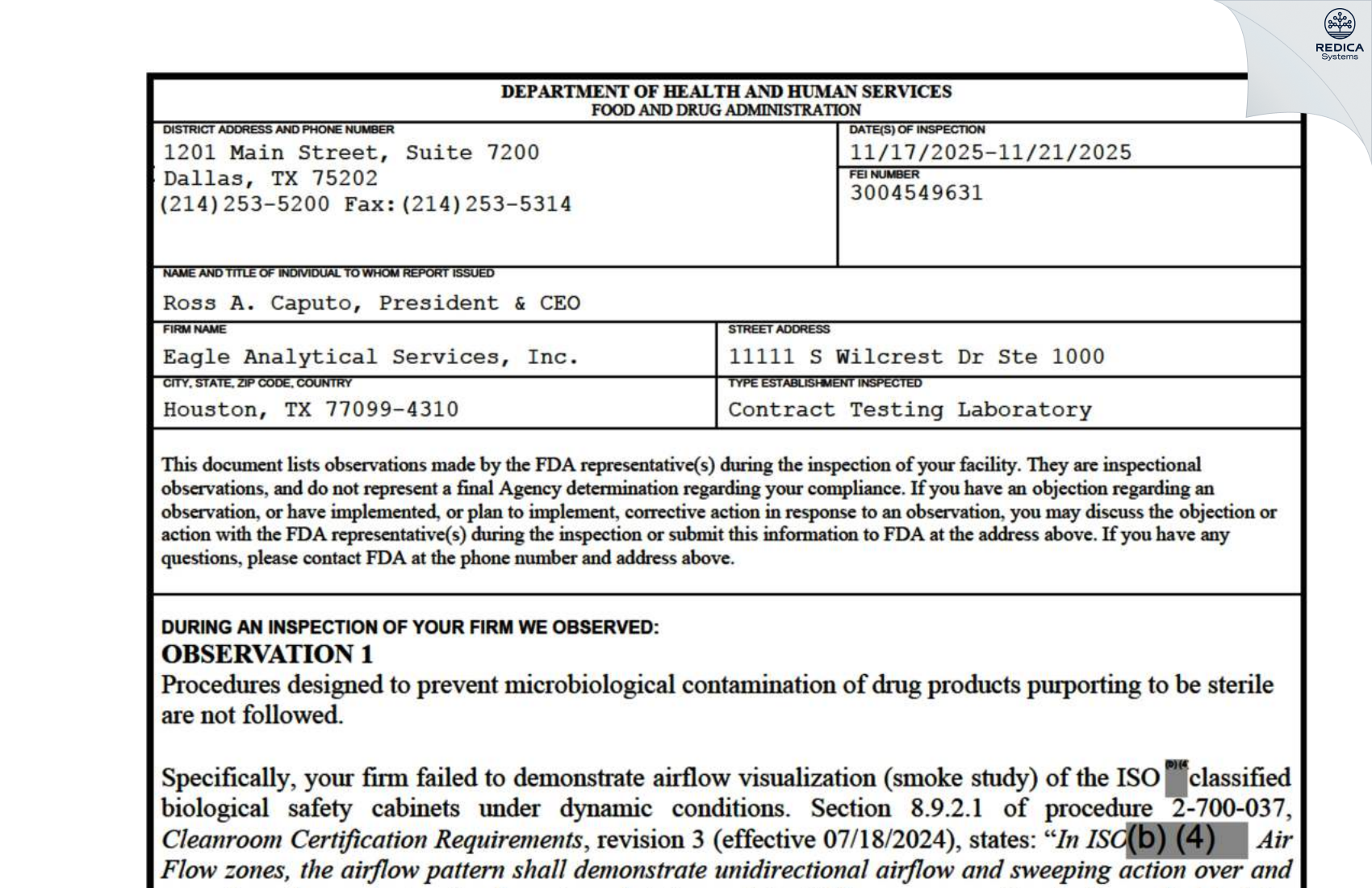 FDA 483 - Eagle Analytical Services, Ltd. [Houston / United States of America] - Download PDF - Redica Systems