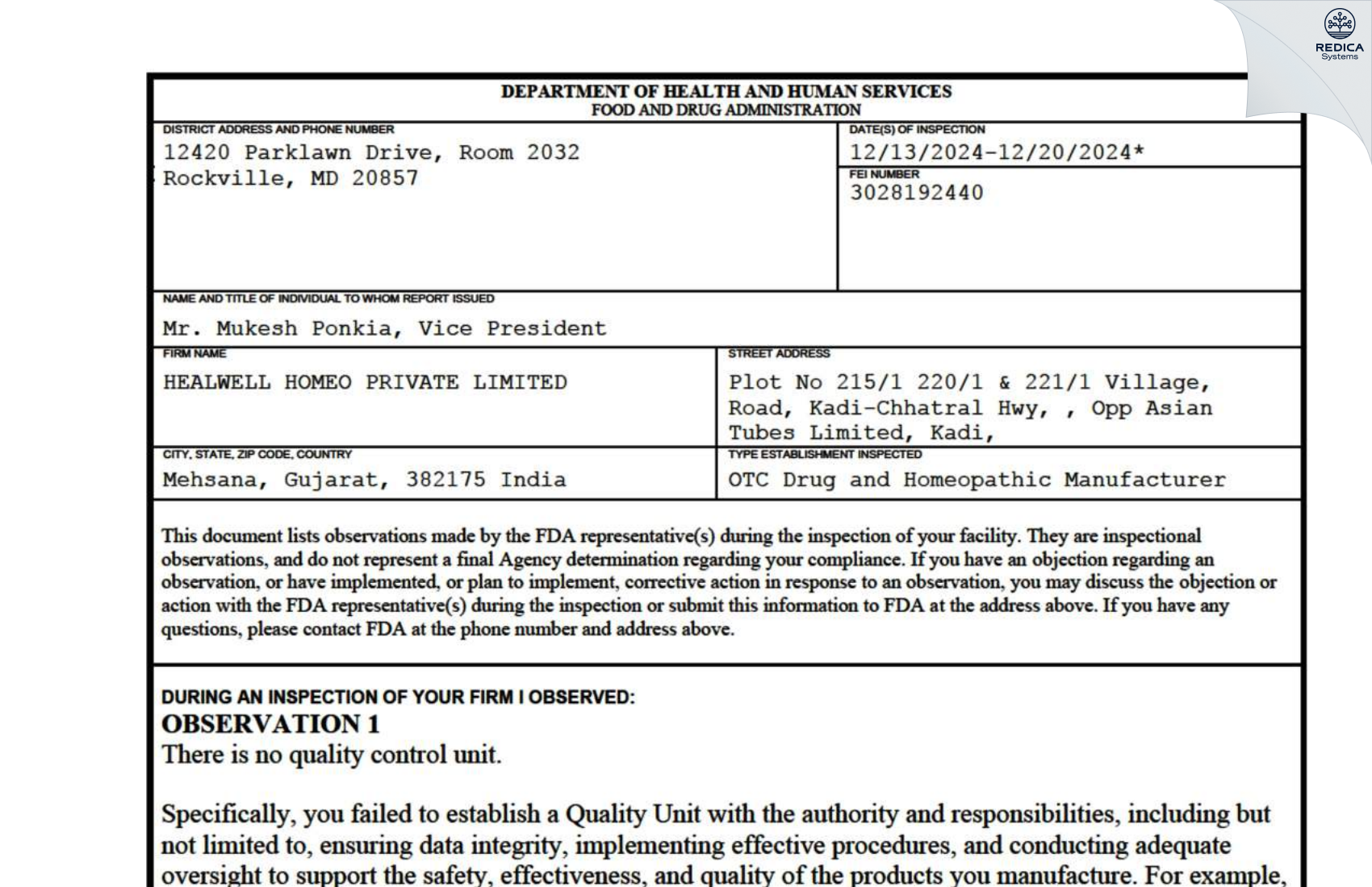 FDA 483 - HEALWELL HOMEO PRIVATE LIMITED [Sanand / India] - Download PDF - Redica Systems