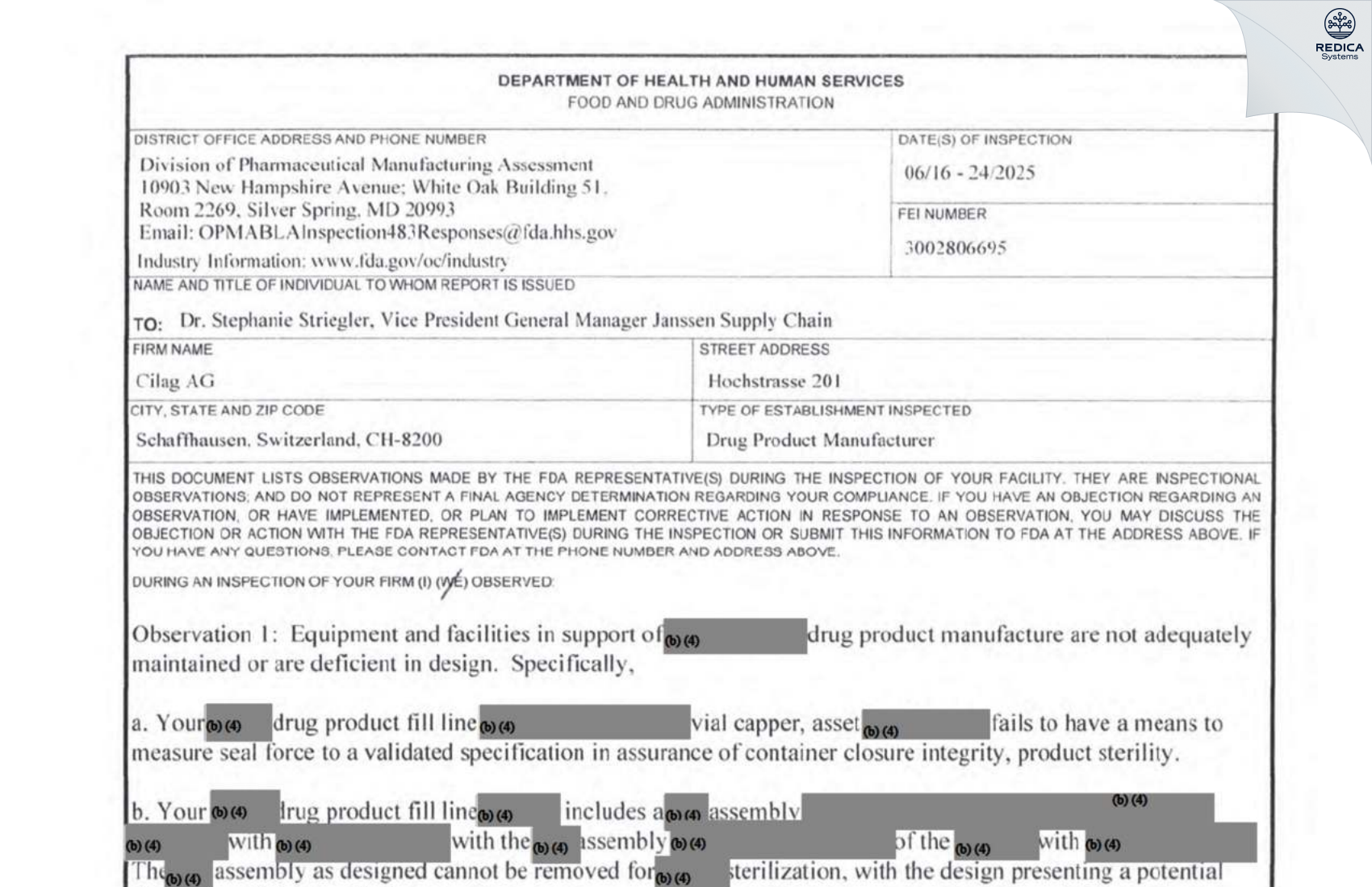 FDA 483 - Cilag AG [Schaffhausen / Switzerland] - Download PDF - Redica Systems