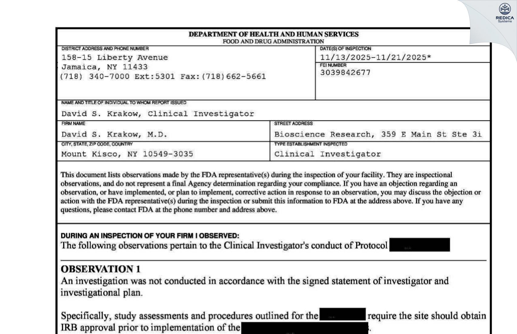 FDA 483 - David S. Krakow, M.D. [Mount Kisco / United States of America] - Download PDF - Redica Systems