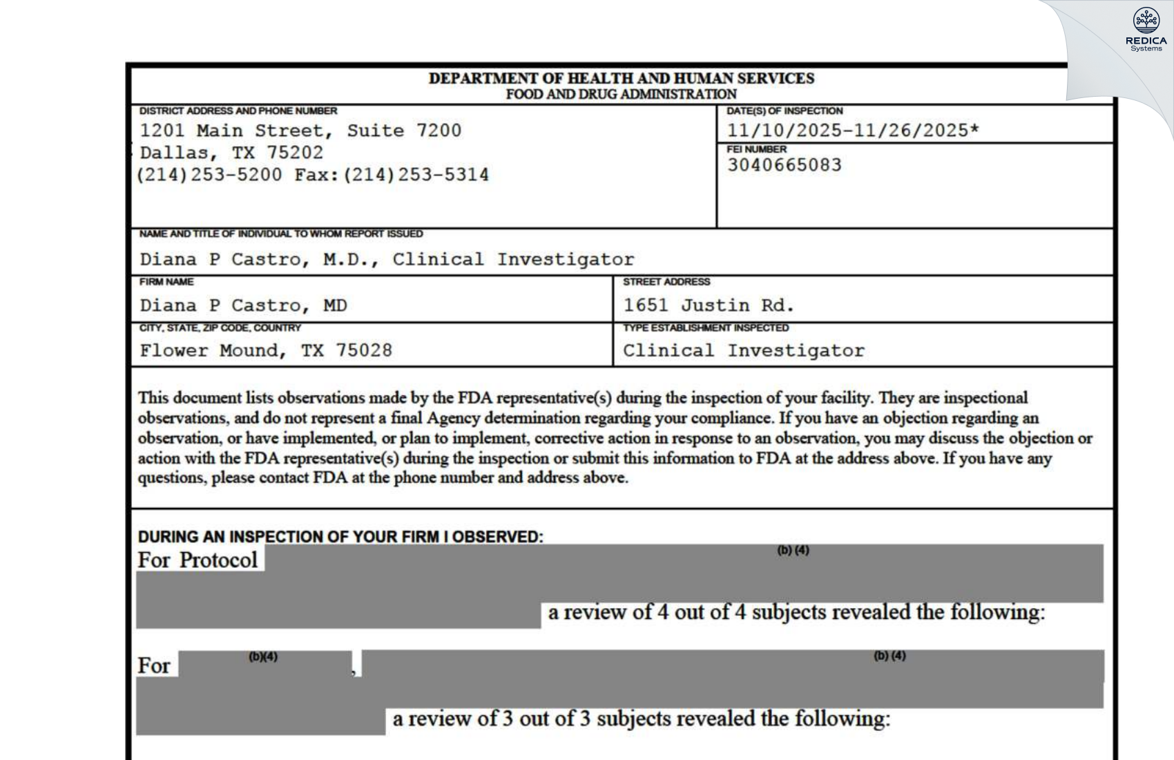 FDA 483 - Diana P Castro, MD [Flower Mound / United States of America] - Download PDF - Redica Systems