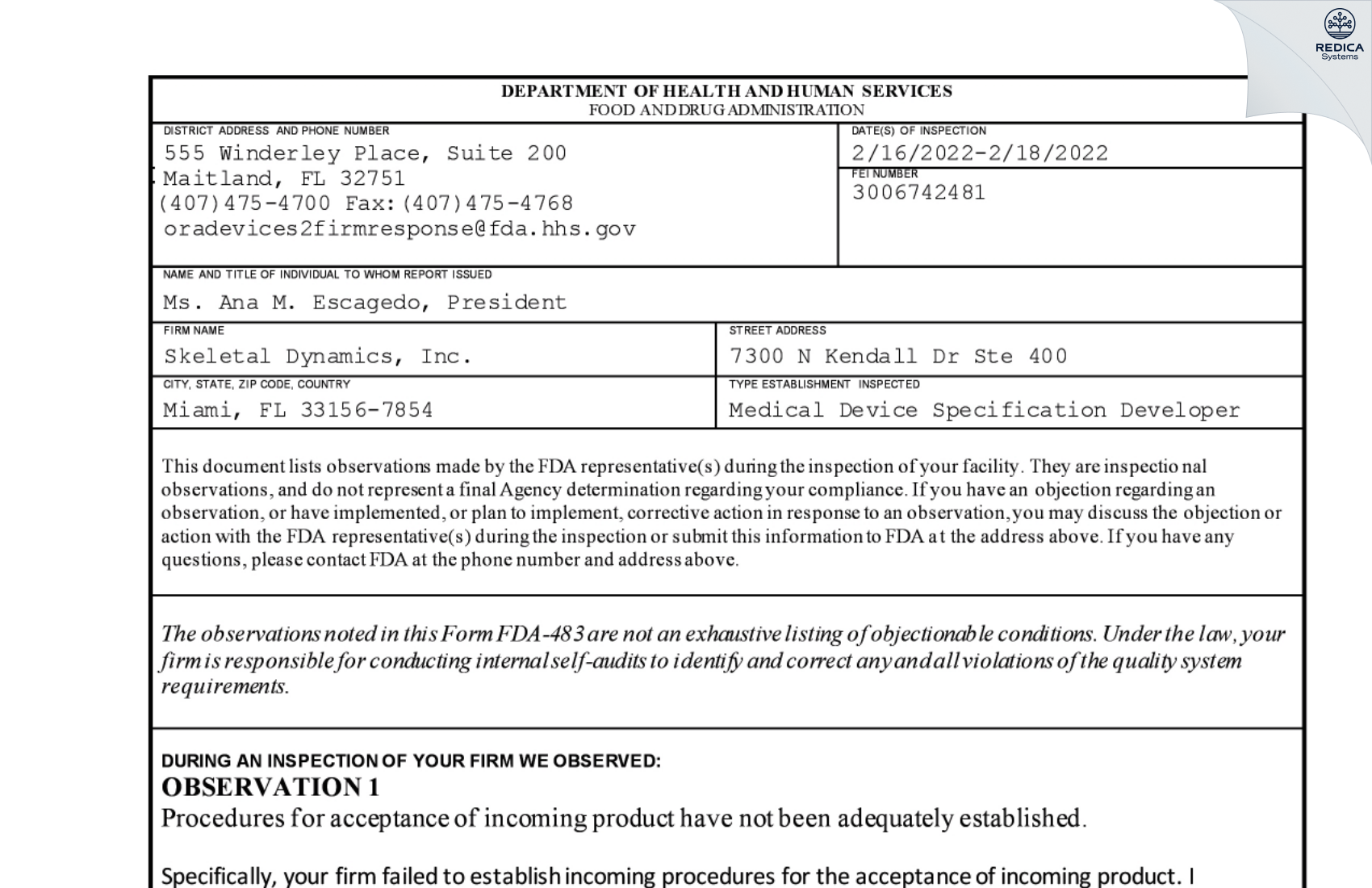 FDA 483 - Skeletal Dynamics, Inc. [Miami / United States of America] - Download PDF - Redica Systems