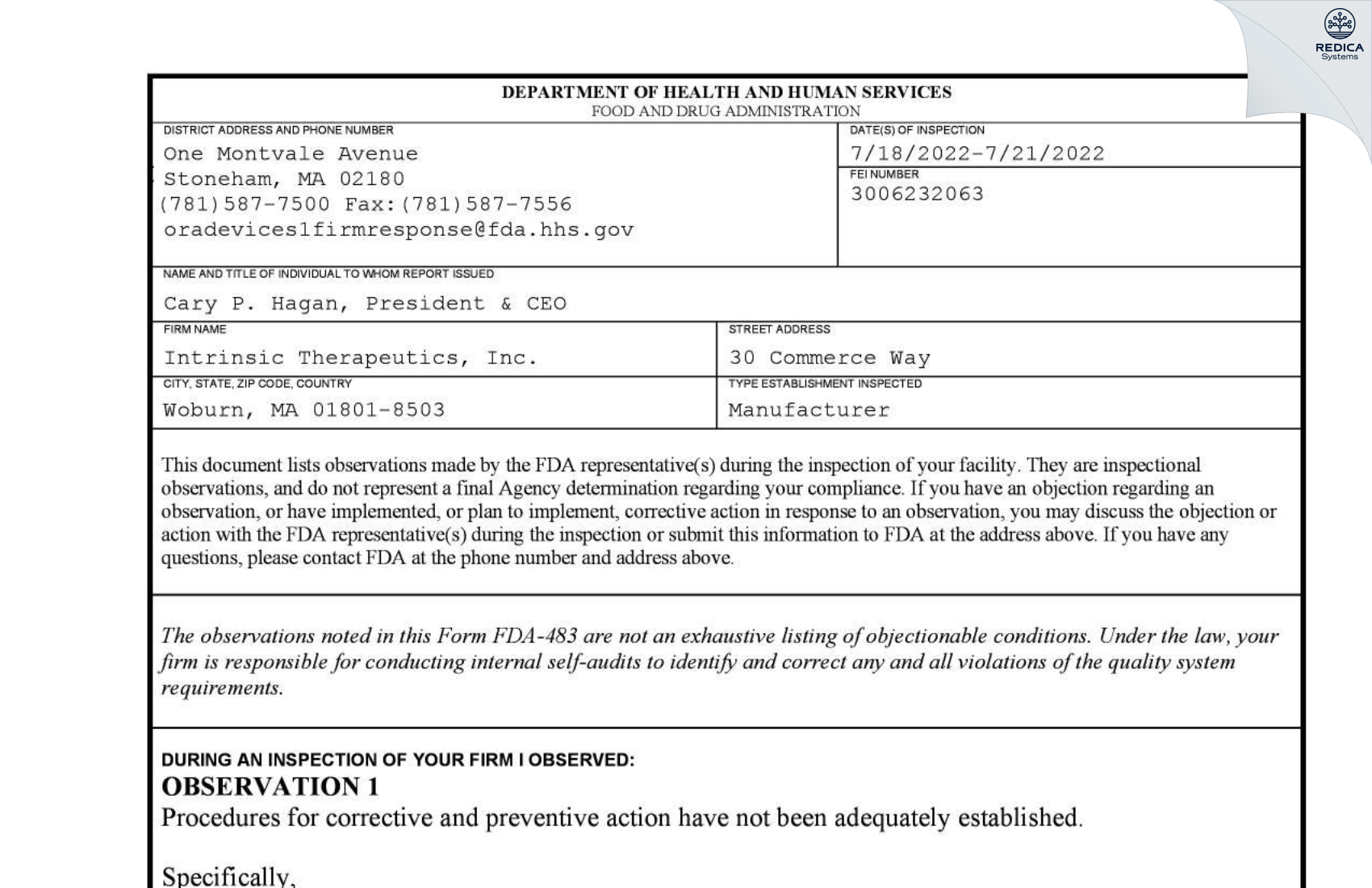 FDA 483 - Intrinsic Therapeutics, Inc. [Woburn / United States of America] - Download PDF - Redica Systems