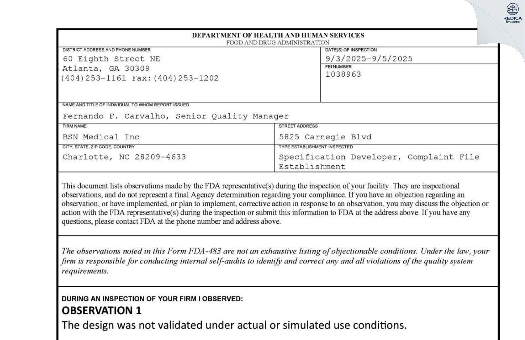 FDA 483 - BSN Medical Inc [Charlotte / United States of America] - Download PDF - Redica Systems