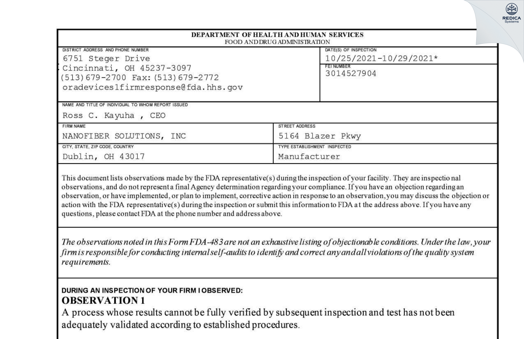 FDA 483 - NANOFIBER SOLUTIONS, INC [Dublin / United States of America] - Download PDF - Redica Systems