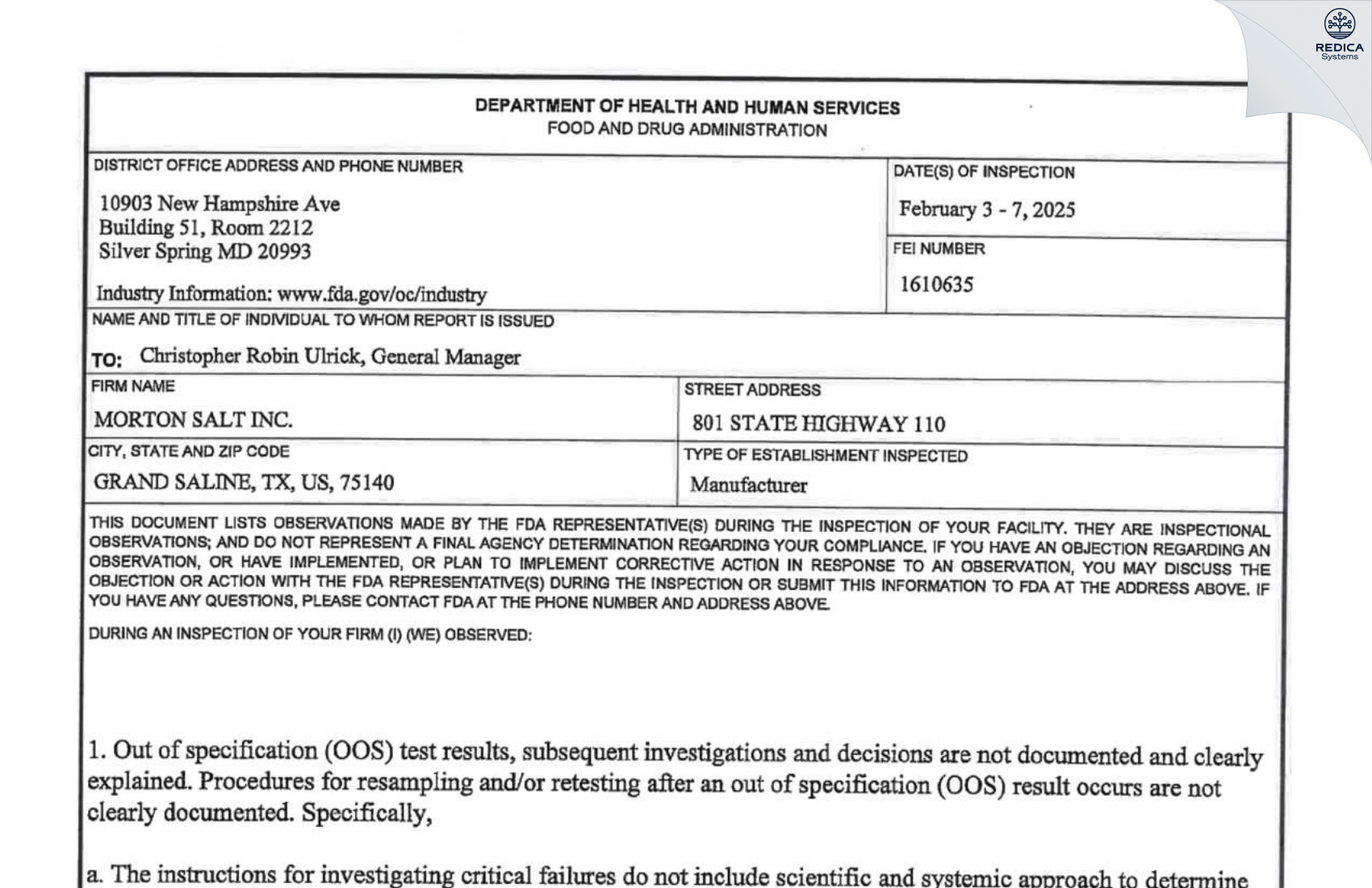 FDA 483 - Morton Salt, Inc. [Grand Saline / United States of America] - Download PDF - Redica Systems