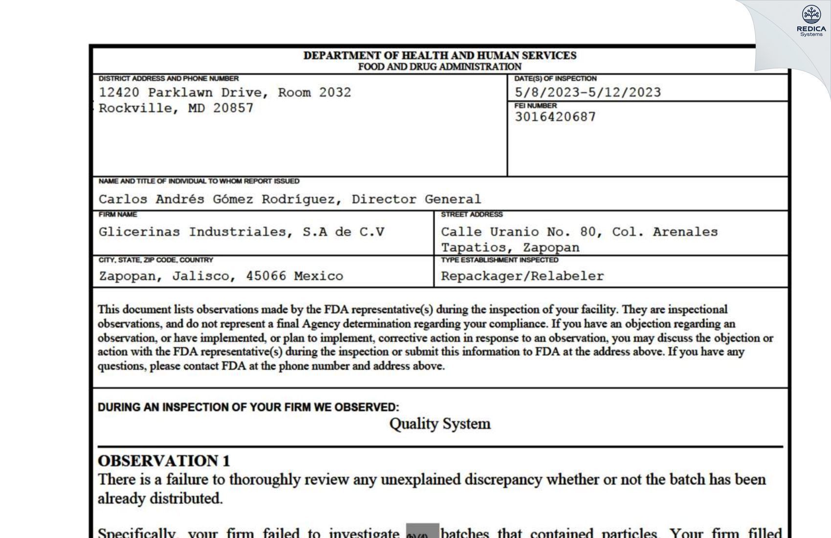 FDA 483 - Glicerinas Industriales, S.A de C.V [Arenales Tapatíos / Mexico] - Download PDF - Redica Systems