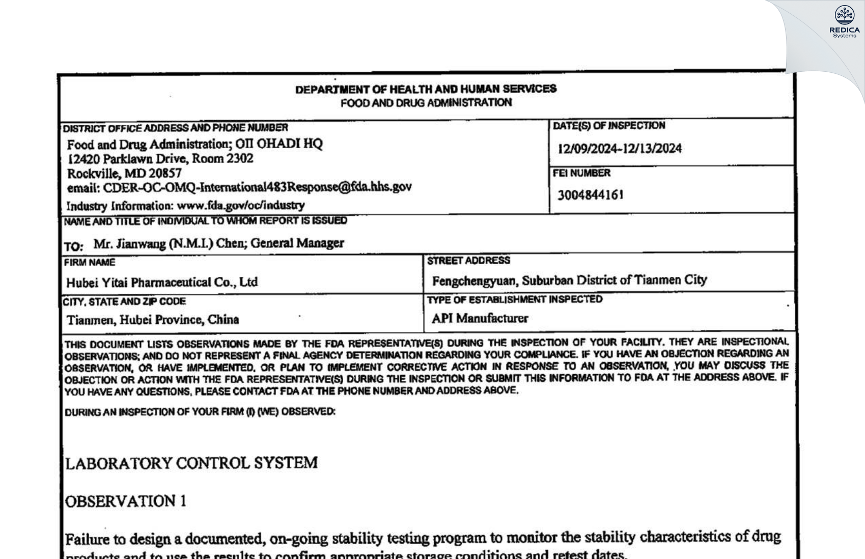 FDA 483 - Hubei Yitai Pharmaceutical Co., Ltd [Jingling / China] - Download PDF - Redica Systems