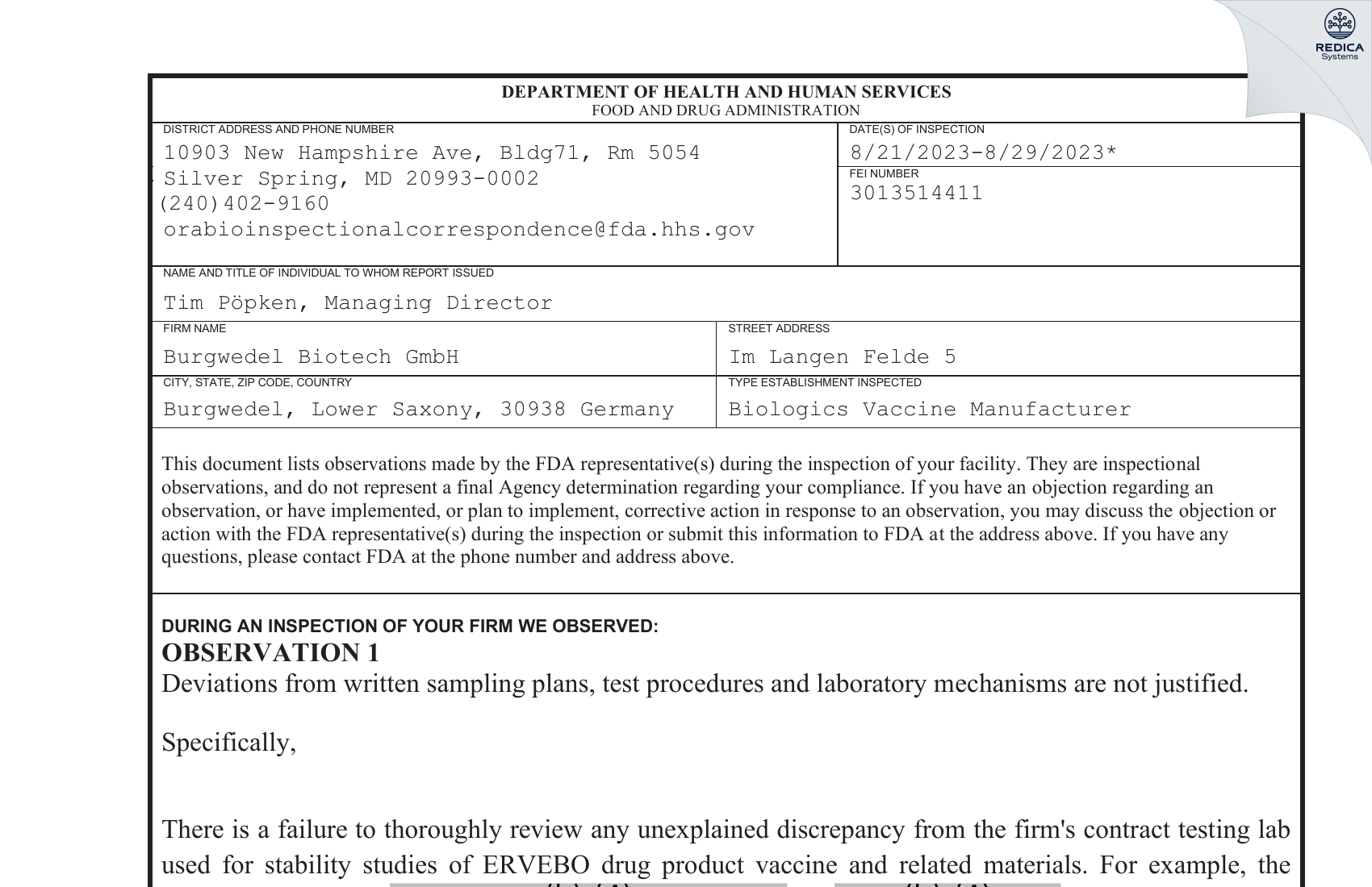 FDA 483 - Burgwedel Biotech GmbH [Burgwedel / Germany] - Download PDF - Redica Systems