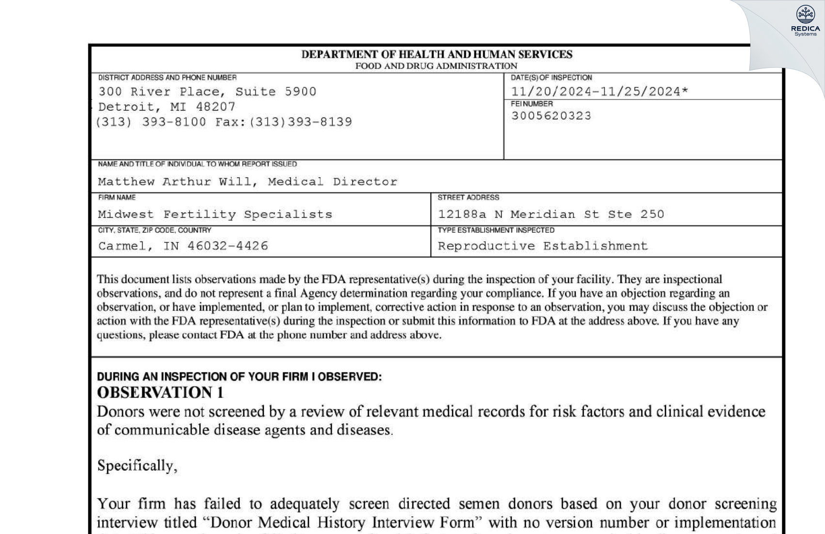 FDA 483 - Midwest Fertility Specialists [Carmel / United States of America] - Download PDF - Redica Systems