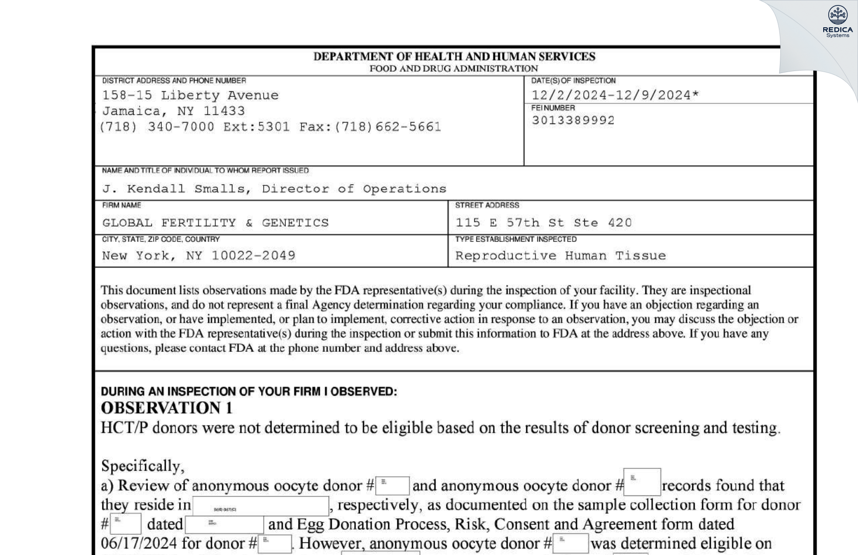 FDA 483 - GLOBAL FERTILITY & GENETICS [New York / United States of America] - Download PDF - Redica Systems