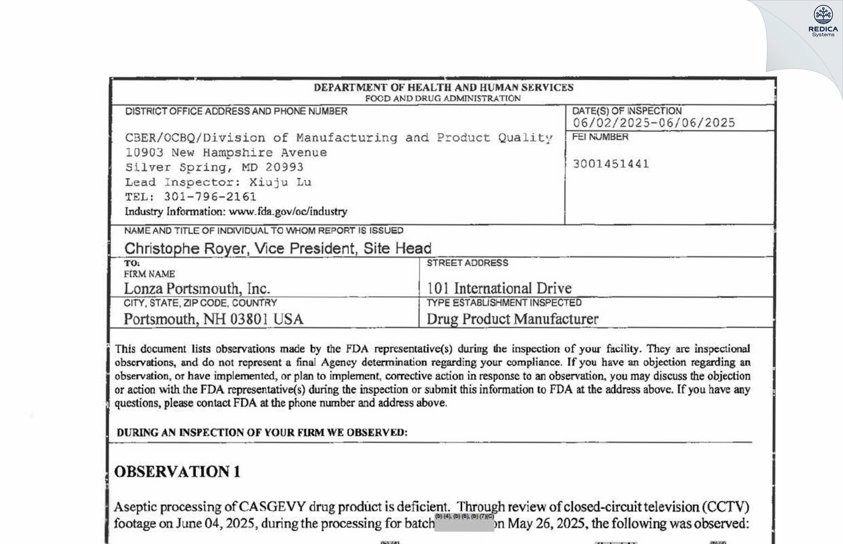FDA 483 - Lonza Biologics, Inc. [Portsmouth / United States of America] - Download PDF - Redica Systems
