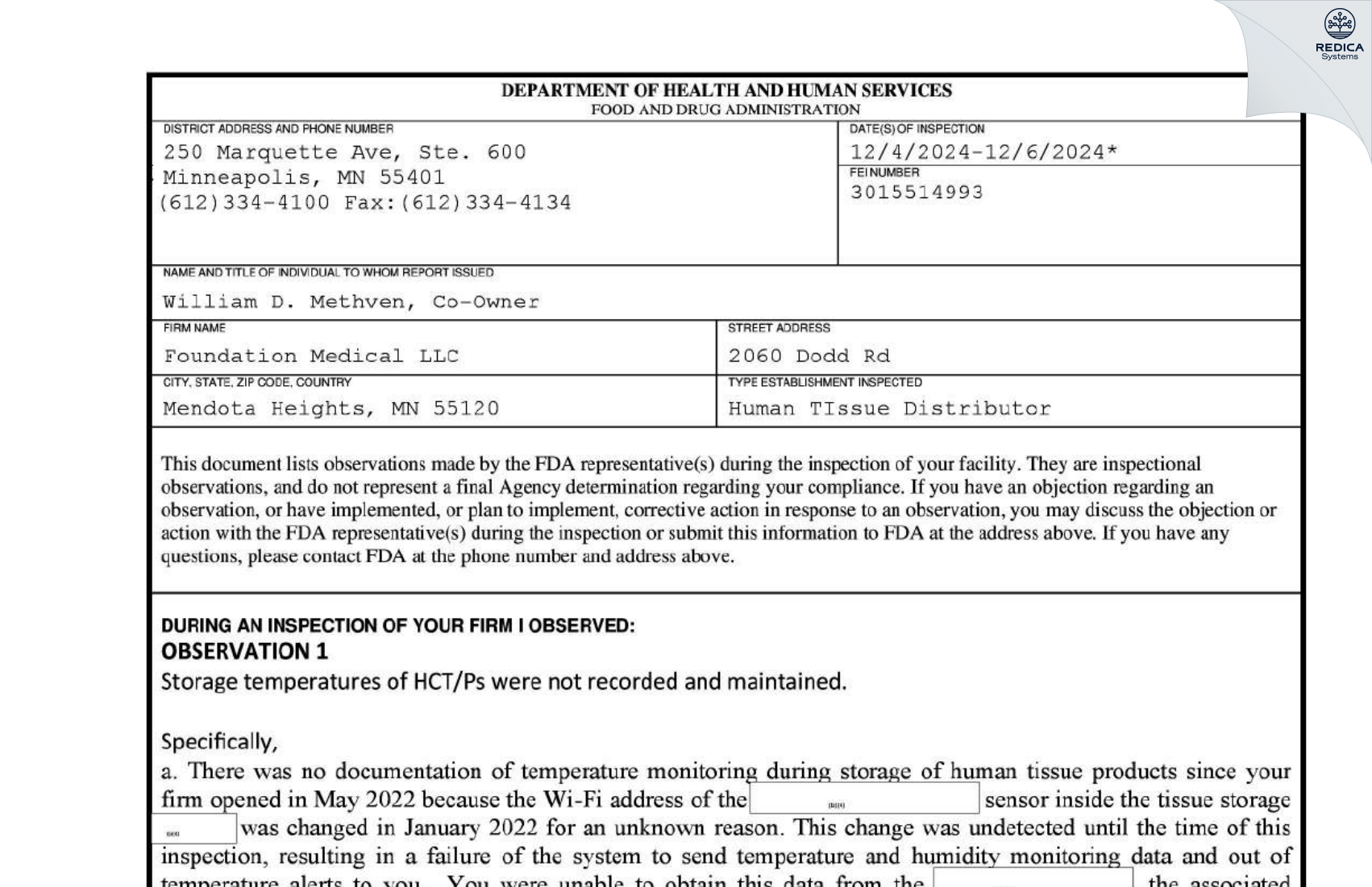 FDA 483 - Foundation Medical LLC [Saint Paul / United States of America] - Download PDF - Redica Systems