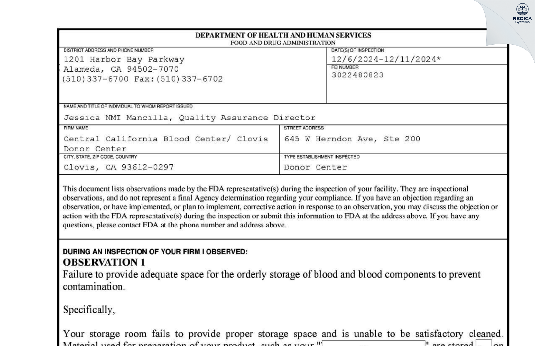 FDA 483 - Central California Blood Center/ Clovis Donor Center [Clovis / United States of America] - Download PDF - Redica Systems