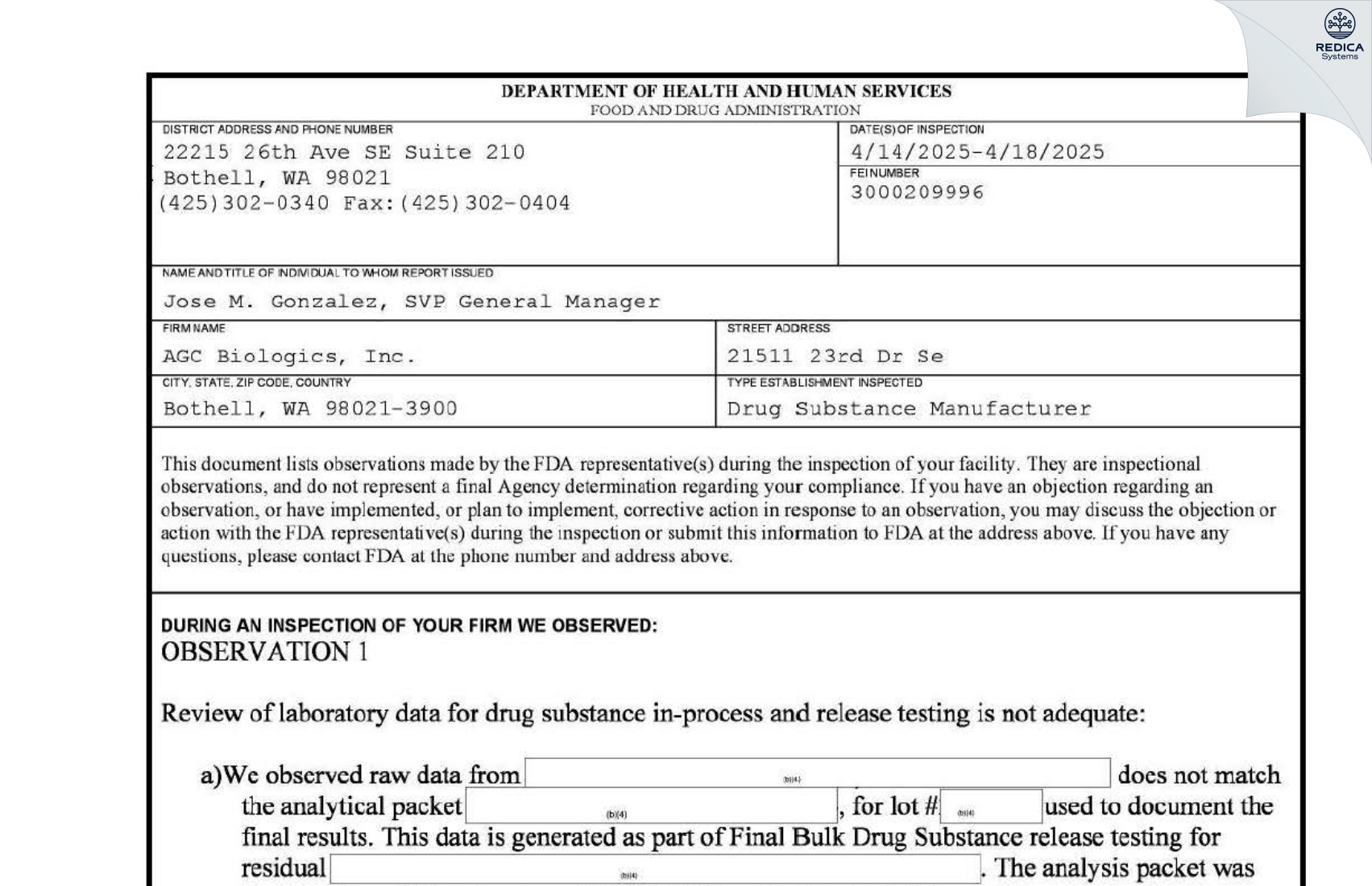 FDA 483 - AGC Biologics, Inc. [Bothell / United States of America] - Download PDF - Redica Systems