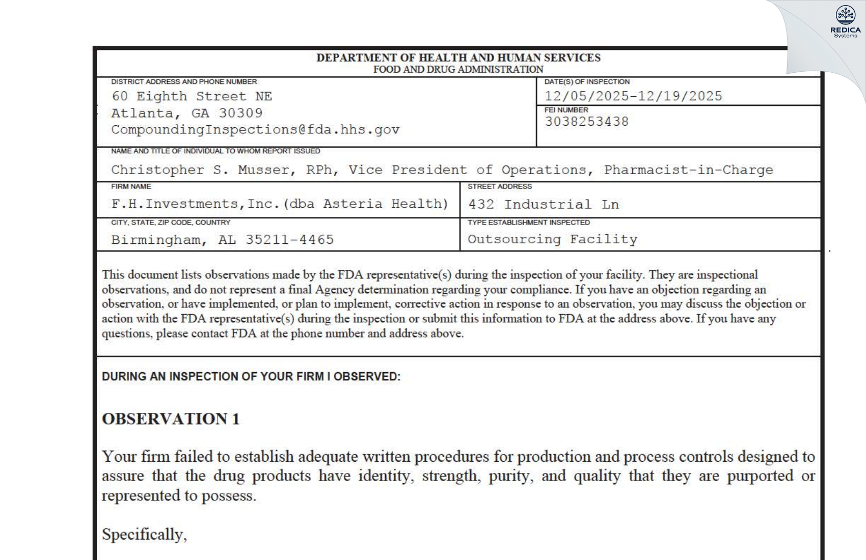 FDA 483 - F.H. INVESTMENTS, Inc. [Birmingham / United States of America] - Download PDF - Redica Systems