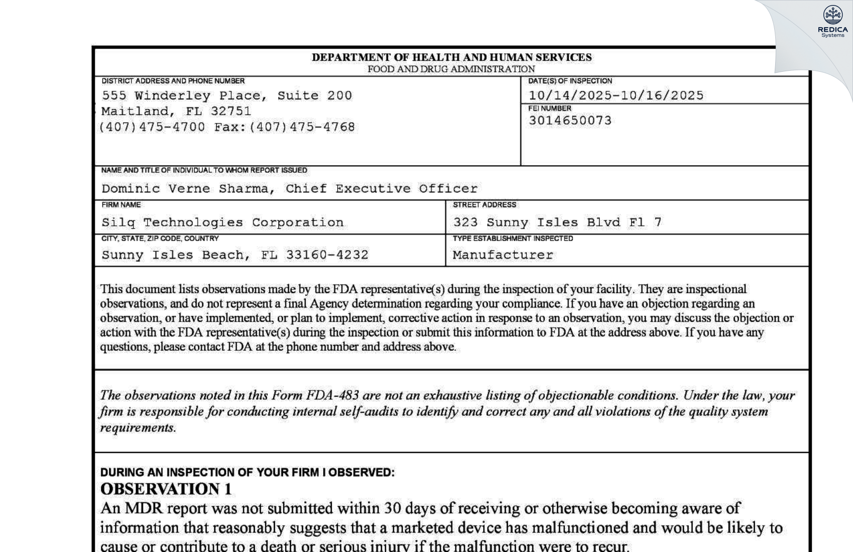 FDA 483 - Silq Technologies Corporation [Sunny Isles Beach / United States of America] - Download PDF - Redica Systems