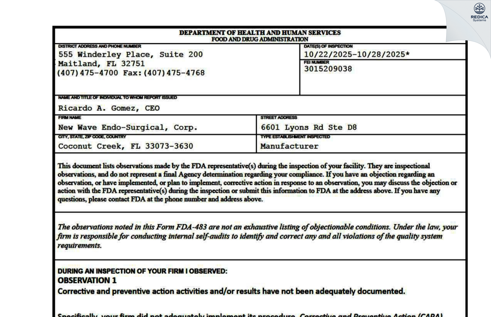 FDA 483 - New Wave Endo-Surgical, Corp. [Coconut Creek / United States of America] - Download PDF - Redica Systems
