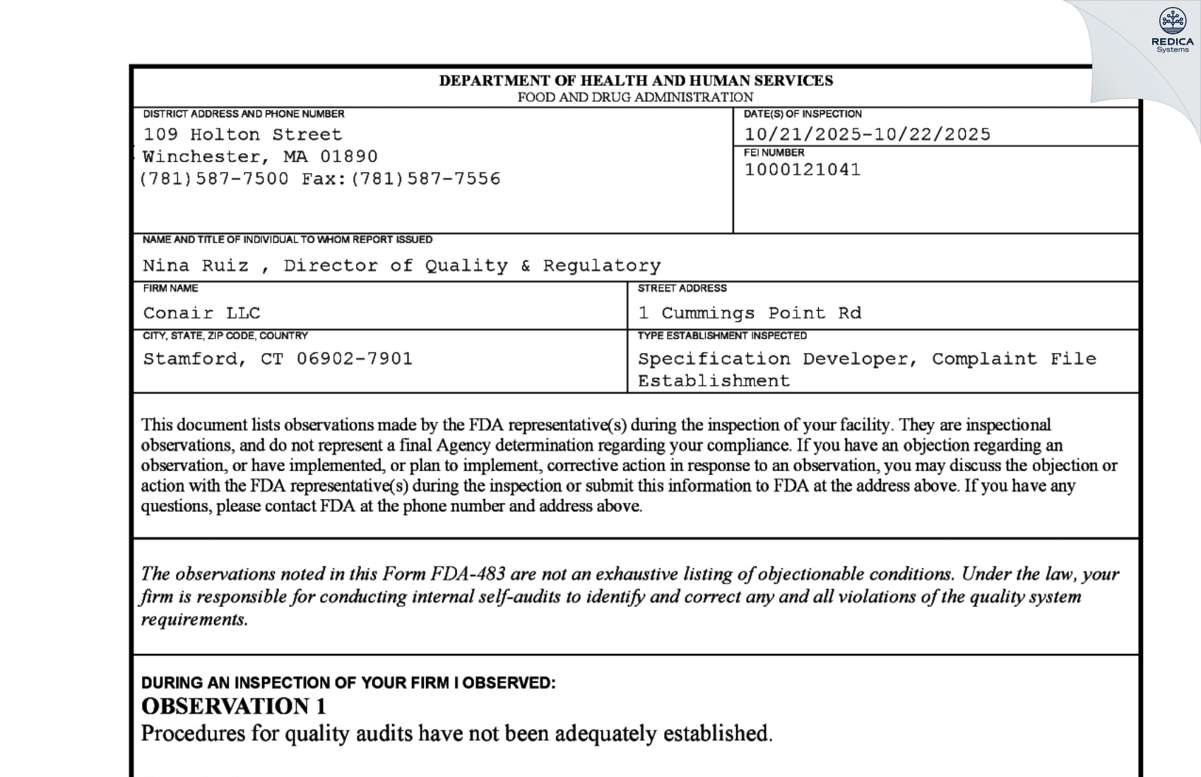 FDA 483 - Conair LLC [Stamford / United States of America] - Download PDF - Redica Systems