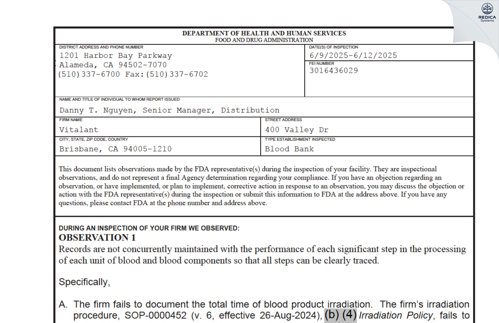 FDA 483 - Vitalant [Brisbane / United States of America] - Download PDF - Redica Systems