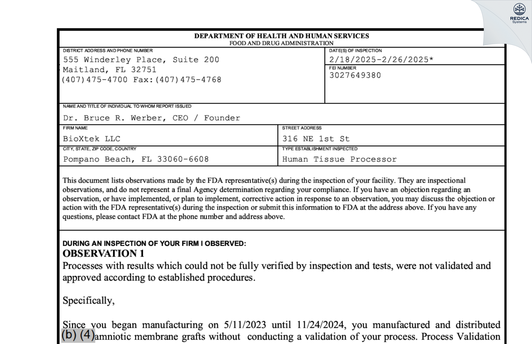 FDA 483 - BIOXTEC, LLC [Pompano Beach / United States of America] - Download PDF - Redica Systems