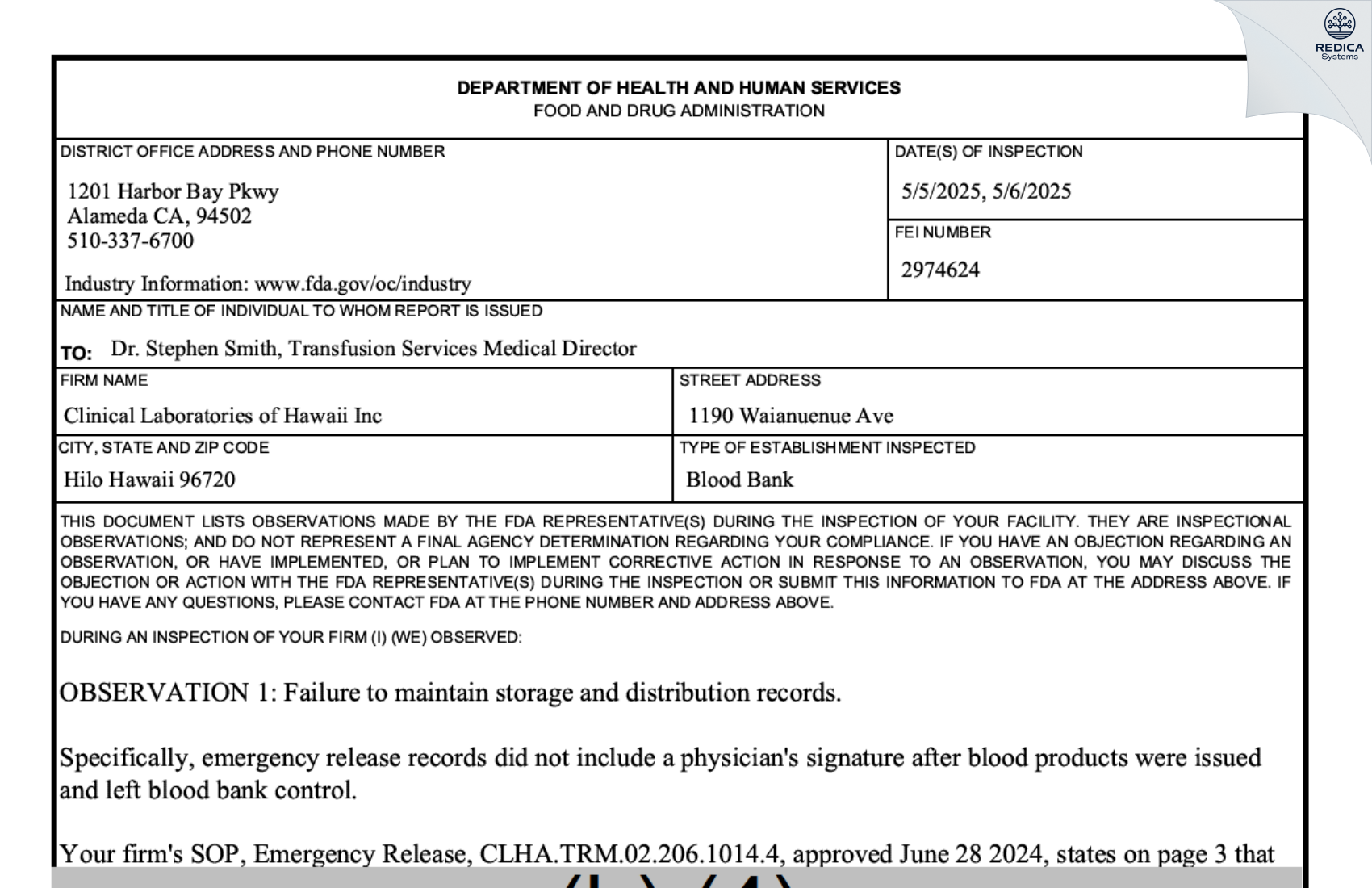 FDA 483 - Clinical Laboratories of Hawaii Inc [Hilo / United States of America] - Download PDF - Redica Systems