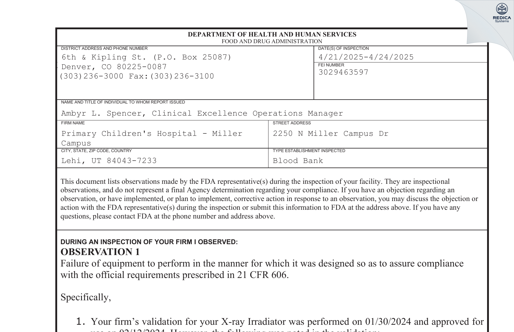 FDA 483 - Primary Children's Hospital - Miller Campus [Lehi / United States of America] - Download PDF - Redica Systems