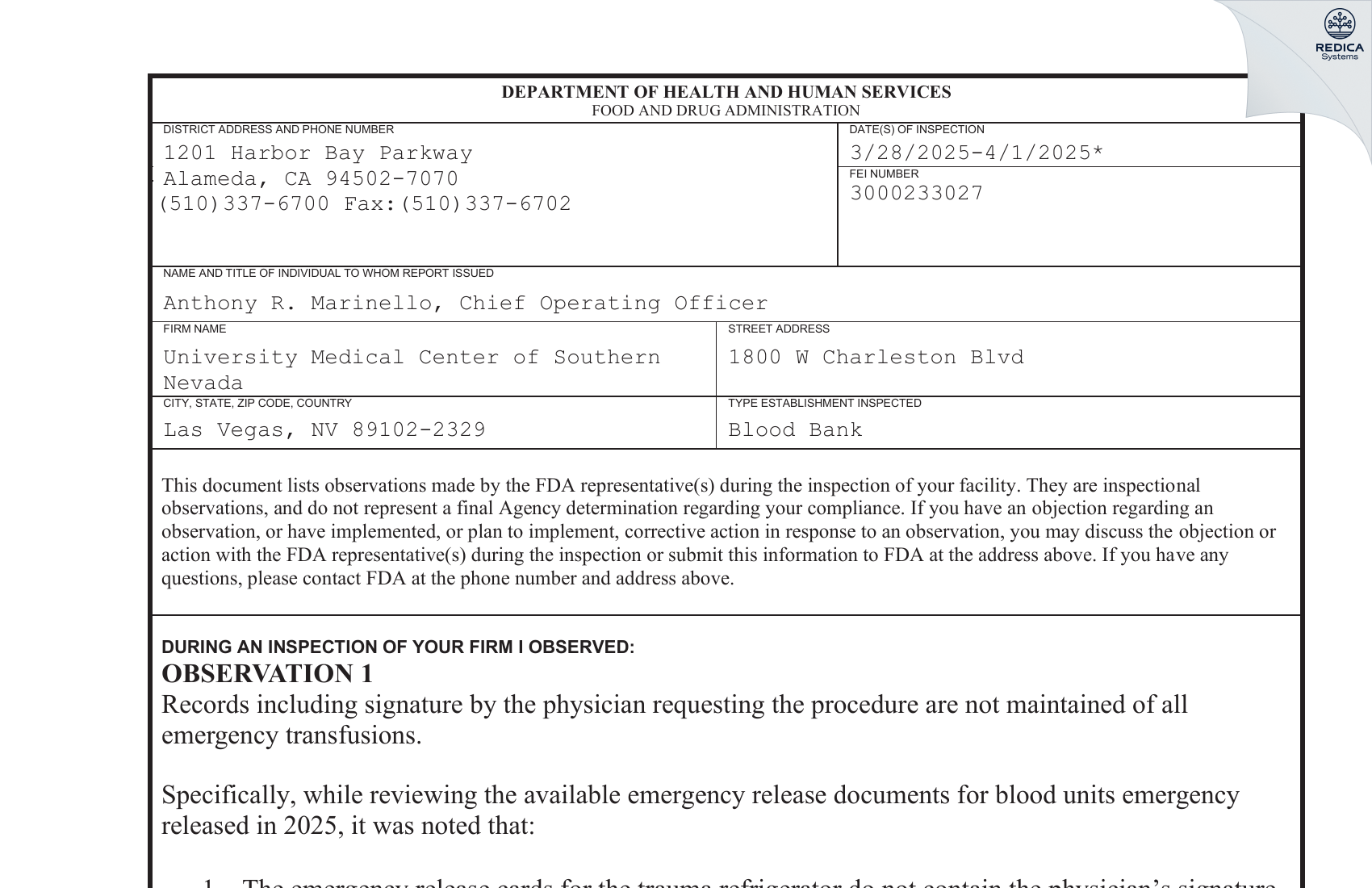 FDA 483 - University Medical Center of Southern Nevada [Las Vegas / United States of America] - Download PDF - Redica Systems