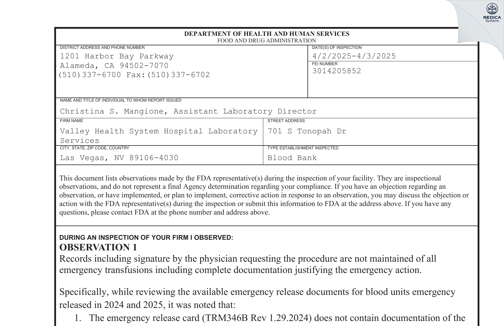 FDA 483 - Valley Health System Hospital Laboratory Services [Las Vegas / United States of America] - Download PDF - Redica Systems