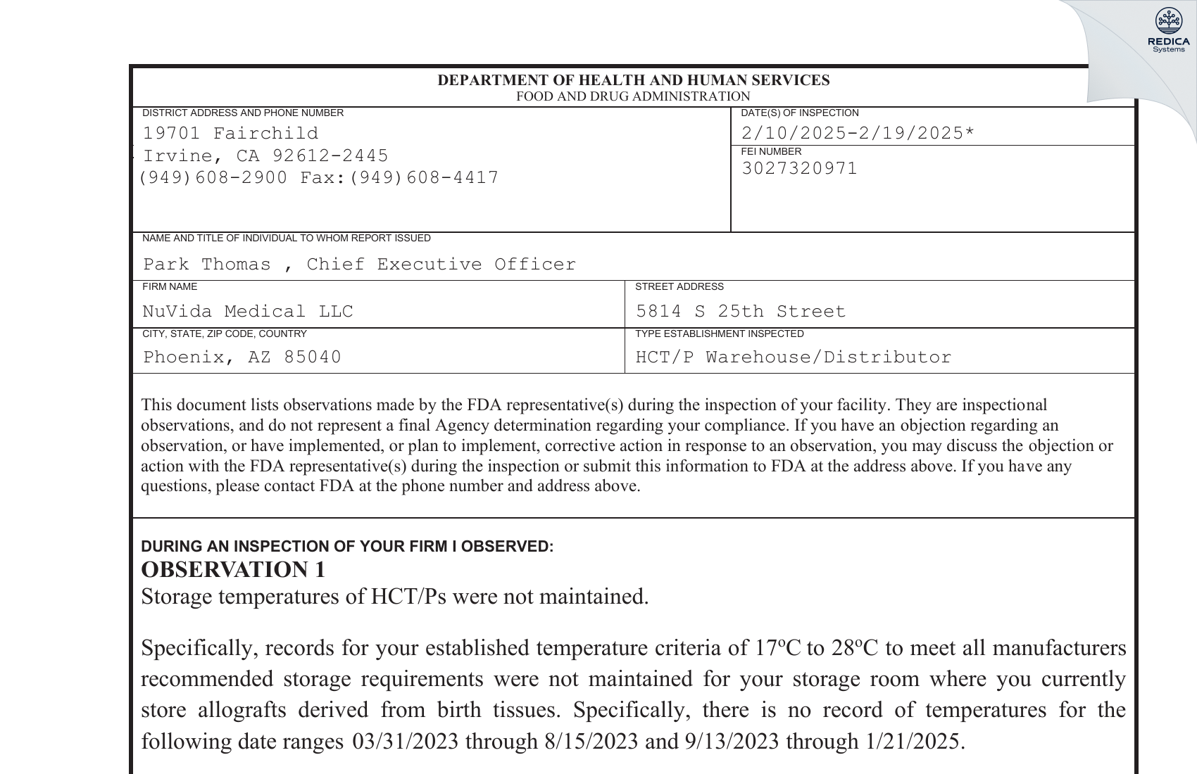 FDA 483 - NuVida Medical LLC [Phoenix / United States of America] - Download PDF - Redica Systems