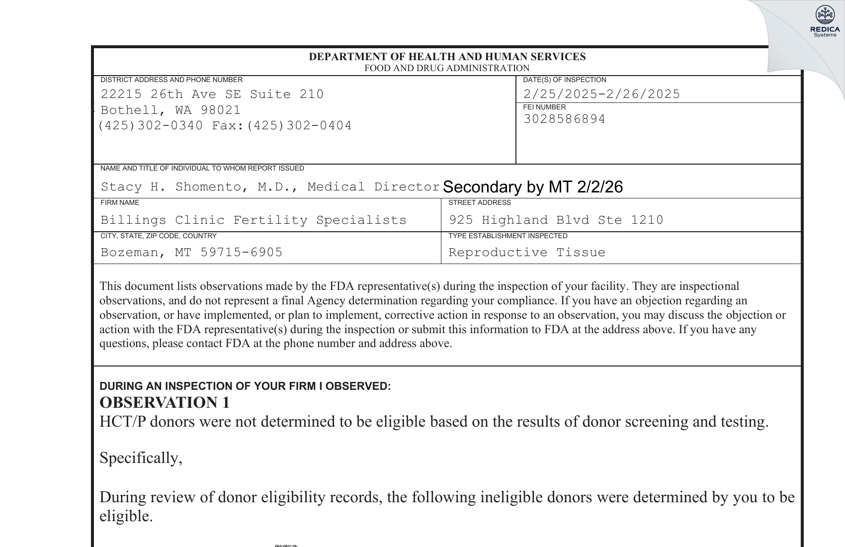 FDA 483 - Billings Clinic Fertility Specialists [Bozeman / United States of America] - Download PDF - Redica Systems