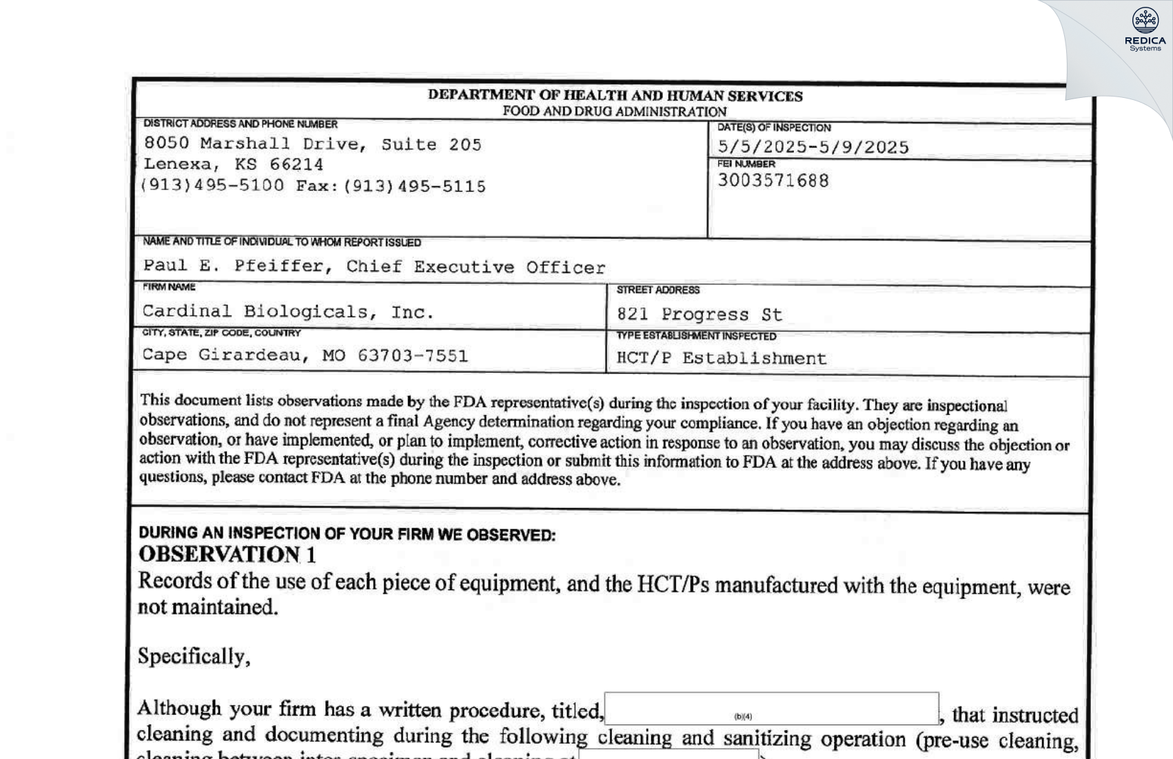 FDA 483 - Cardinal Biologicals, Inc. [Tyler / United States of America] - Download PDF - Redica Systems