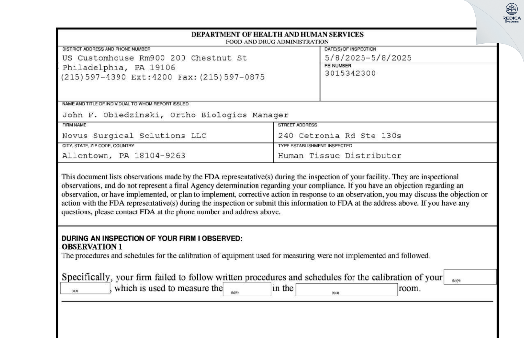 FDA 483 - Novus Surgical Solutions LLC [Allentown / United States of America] - Download PDF - Redica Systems