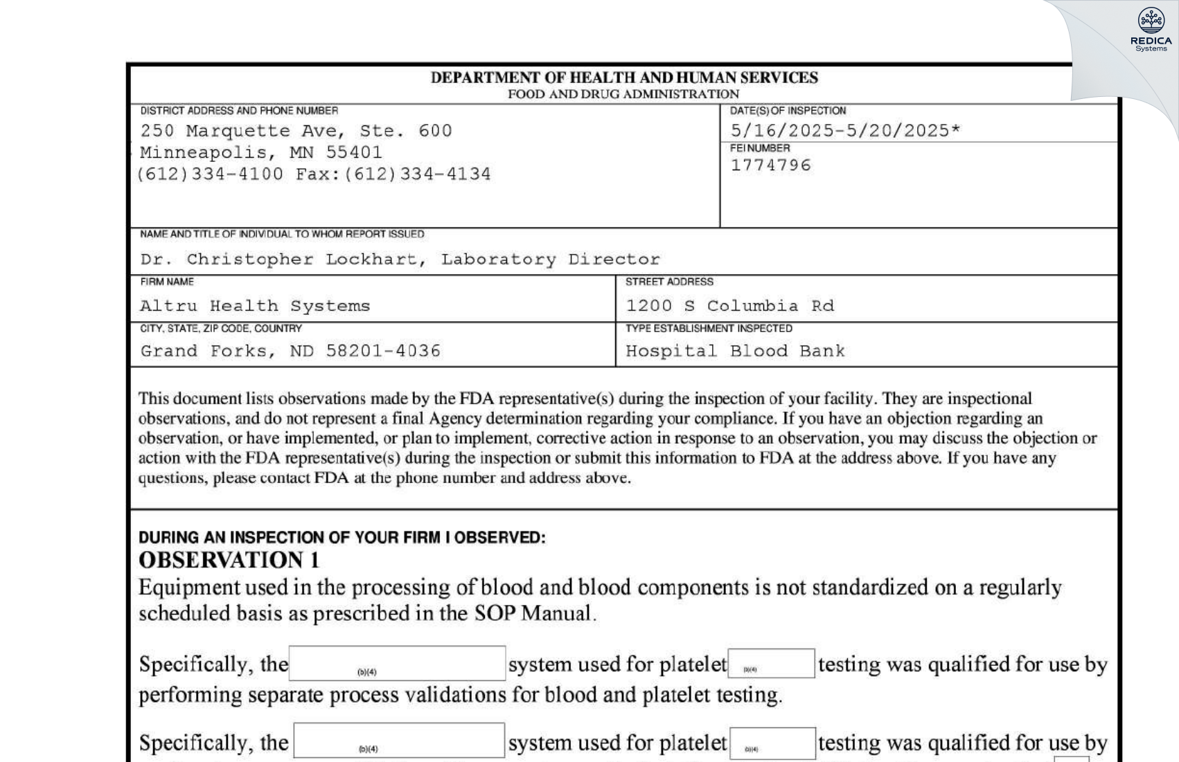 FDA 483 - Altru Health Systems [Grand Forks / United States of America] - Download PDF - Redica Systems