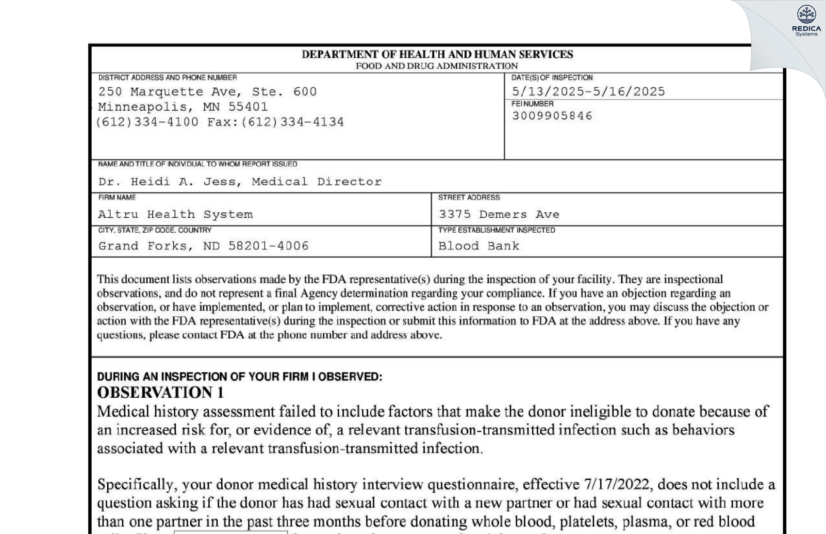 FDA 483 - Altru Health System [Grand Forks / United States of America] - Download PDF - Redica Systems